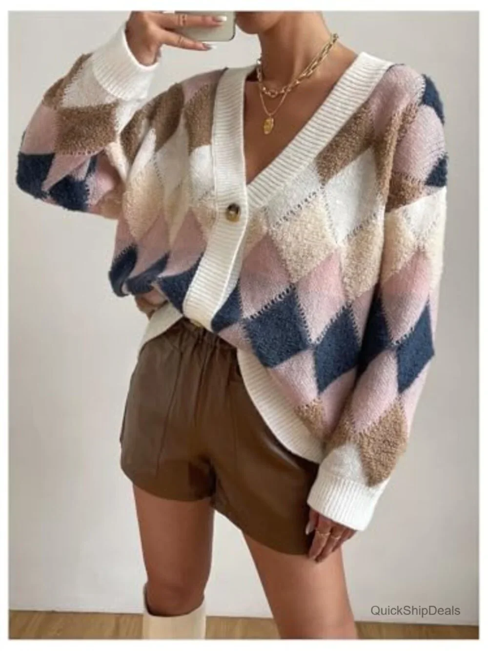 Argyle Plaid Button Down V Neck Long Sleeve Cardigan Sweater